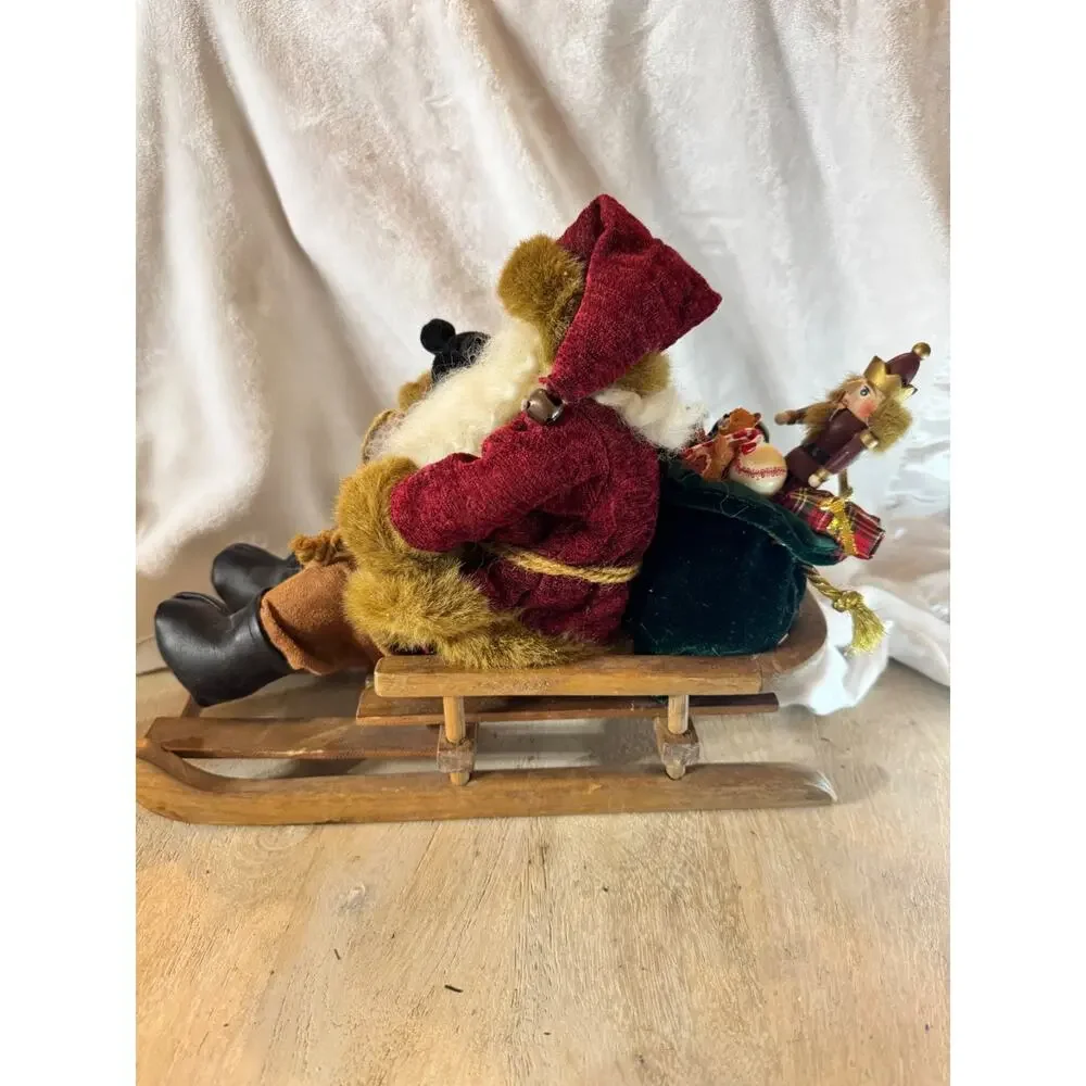 Vintage Old World Santa Wooden Sled Sleigh 12” Table Top Decor Shelf Sitter Y2K
